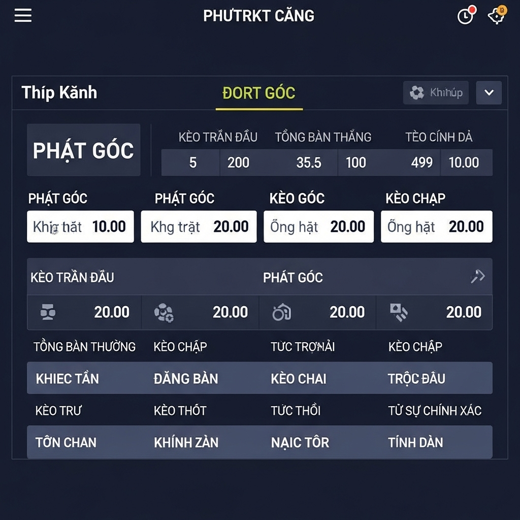 Một bảng kèo bóng đá online thể hiện kèo phạt góc và các loại cược khác nhau