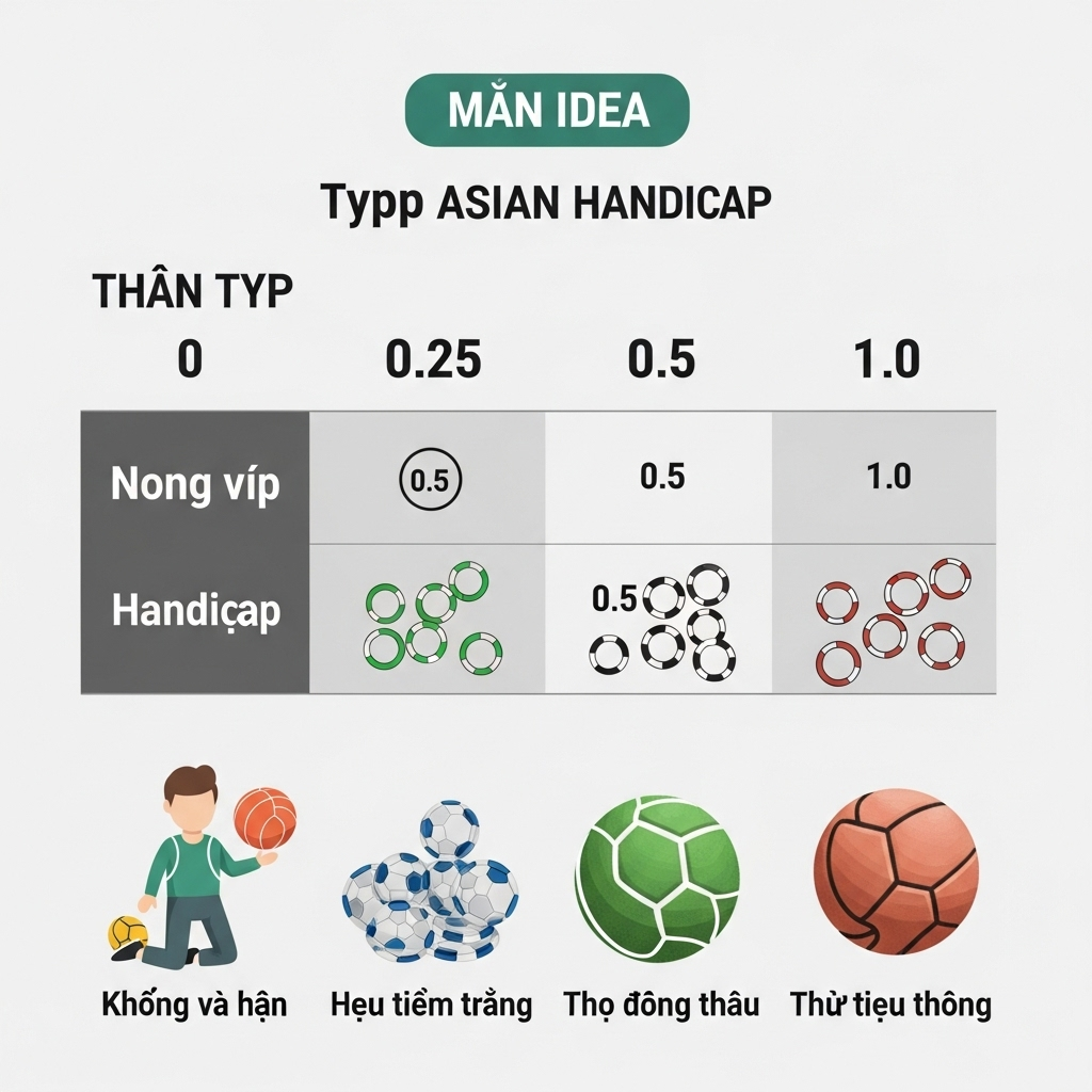 Bảng so sánh các loại kèo chấp phổ biến bao gồm 0, 0.25, 0.5, 1.0 với điểm khác biệt rõ ràng