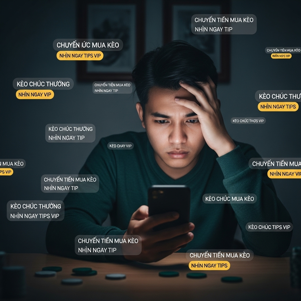 Một người đàn ông trẻ đang nhìn điện thoại với vẻ thất vọng, xung quanh là các tin nhắn từ nhóm tip bóng đá yêu cầu chuyển tiền mua kèo