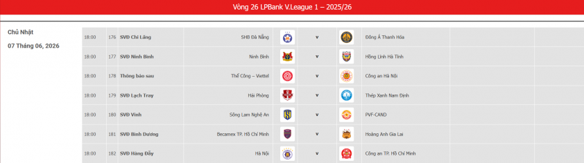 Screenshot lịch thi đấu V.League